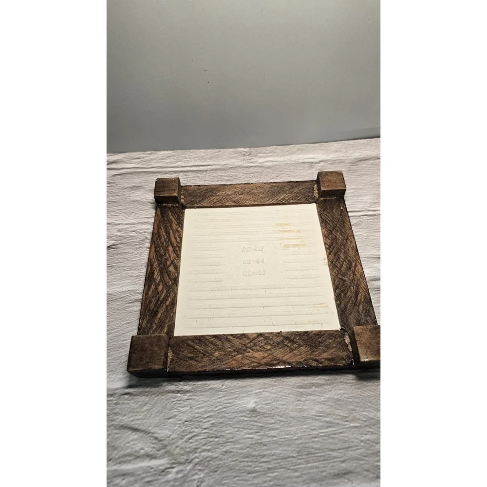 Vintage 1970s Footed Trivet With Wood Frame And Center Tile Design From Mexico